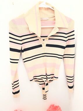 Striped Knit Long-Sleeve Polo Bodysuit in Pink and Cream